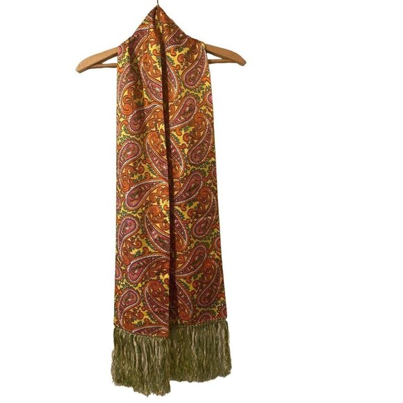 BAAR & BEARDS INC Womens Paisley Scarf Yellow Orange Fringe Hippy Vibe VGC - Picture 1 of 6